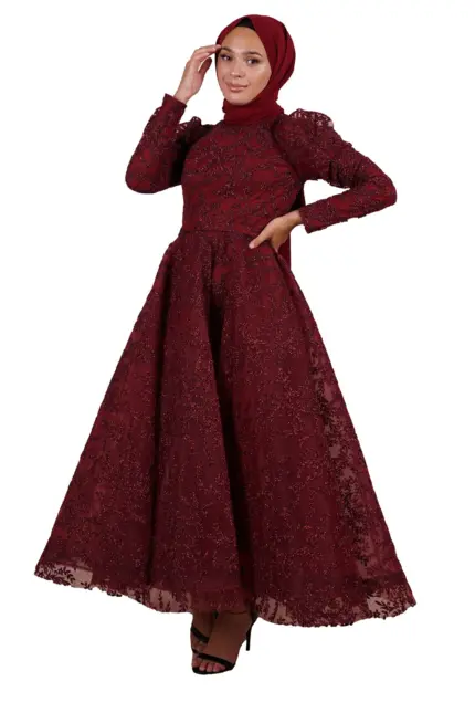 Bordo Kabarık Tesettür Abiye
